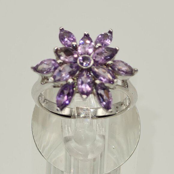 .925 Sterling Silver Flower Natural Amethyst Ring Size 9 Value $635 - Picture 2 of 7